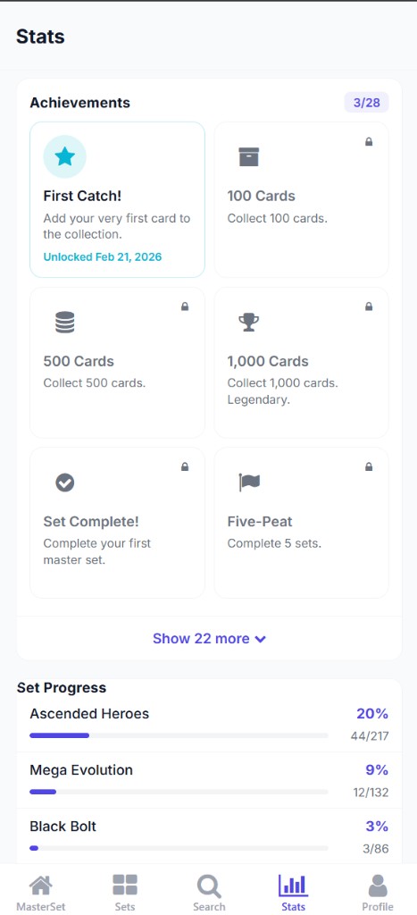 MasterSet achievements panel showing unlocked First Catch badge and locked milestone badges