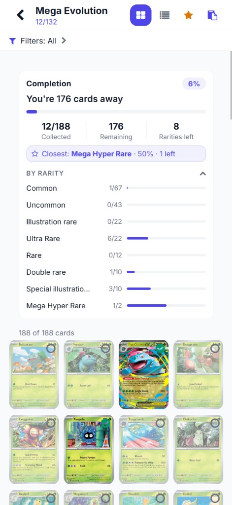 MasterSet set detail view with completion metrics panel showing rarities collected and cards remaining