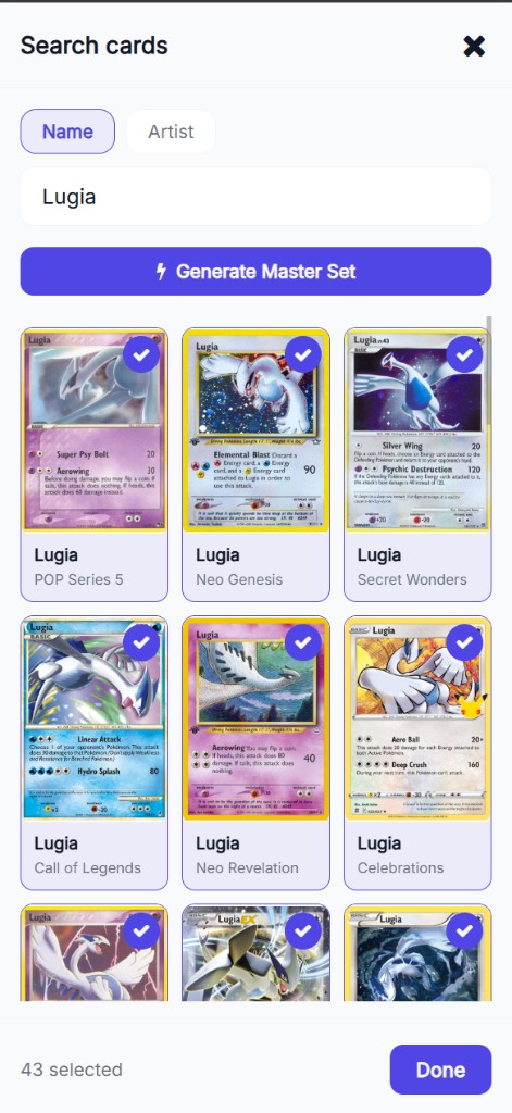 MasterSet search screen with Generate Master Set button for building a custom set from any Pokémon