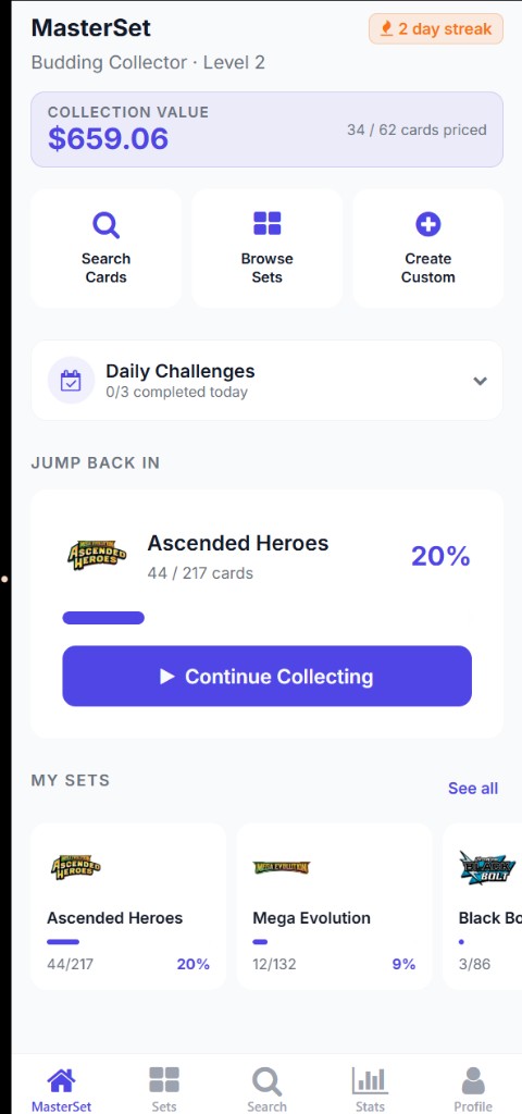 MasterSet home dashboard showing collection value, daily challenges, jump back in set, and my sets grid