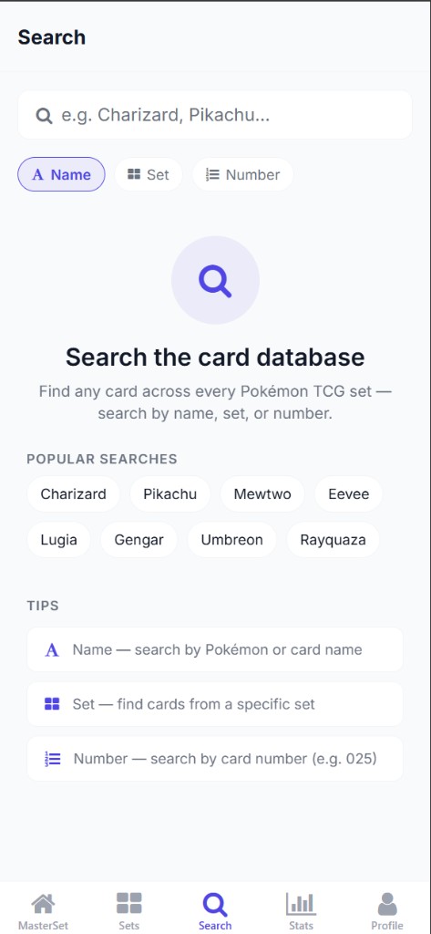 MasterSet search screen with popular searches and search by name, set, or number options