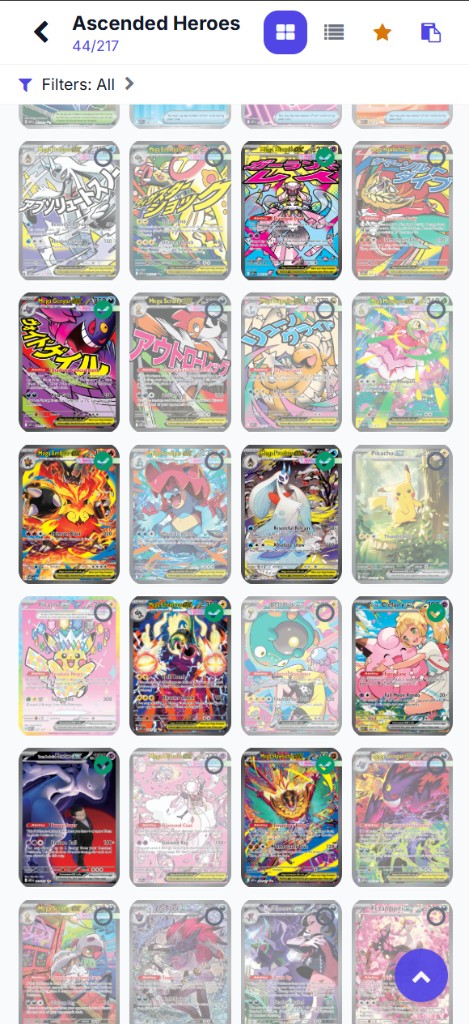 MasterSet card selection screen showing Lugia cards across multiple sets selected for a master set