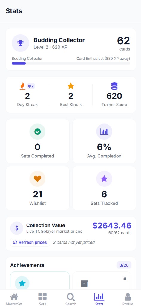 MasterSet stats screen showing Trainer level, XP progress, collector score, and achievements panel
